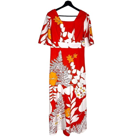 Vintage Dresses & Skirts - Vintage 60s Hawaii Nei Red Floral Short Sleeve Empire Waist Full Length Dress Me